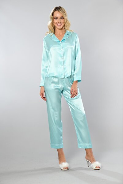 Viselya Λευκό Σετ Πιτζάμες Τυρκουάζ Σατέν με ρέλι