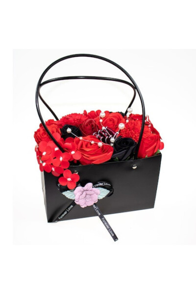 velve Aranjament floral Milenium cu trandafiri de sapun, garoafe si hortensii, rosu, Rosu