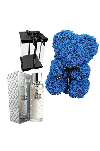 velve Set cadou fete, Ursulet floral din spuma 25 cm si Parfum Chic'n Glam Diamond 100 ml, Albastru