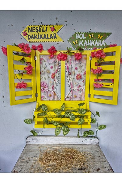 buraxe Sarı ahşap panjurlu pencere ve ok set,balkon,cafe ,bahçe ,duvar dekora...