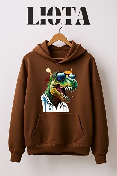 Vordevia سويت شيرت قطني كبير الحجم مطبوع عليه ديناصور مكون من 3 خيوط