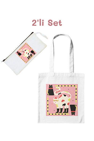 junobi Bez Çanta + Kalemlik - Pop Art Kedi Seti - 2'li Avantaj Seti