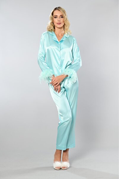 Viselya Бірюзовий атласний піжамний комплект з пухнастими манжетами