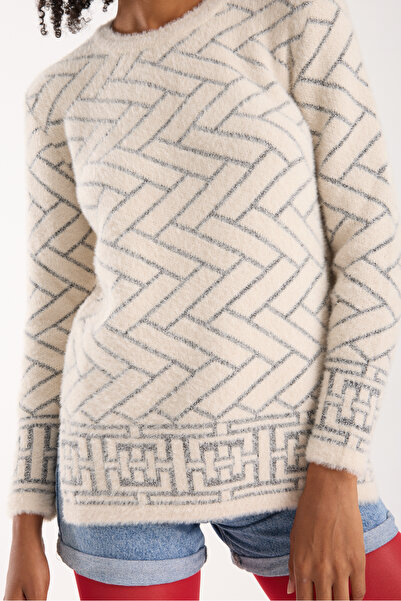 Moda Days Tricotaj pentru femei Ecru Simli Sakal Y cu fantă B guler rotund