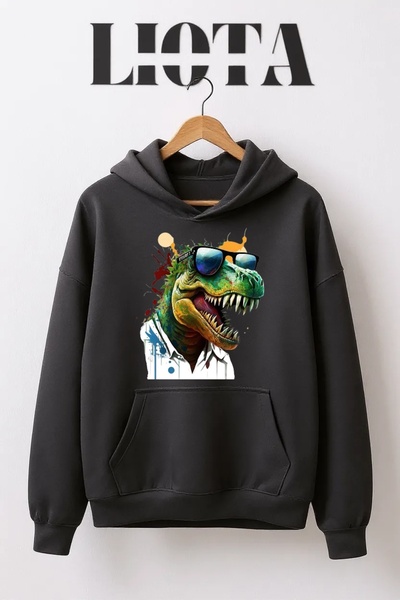 Vordevia سويت شيرت قطني كبير الحجم مطبوع عليه ديناصور مكون من 3 خيوط