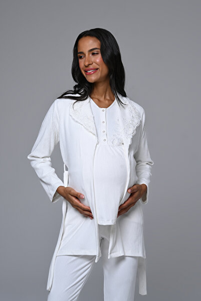 Lohussa Set de pijamale pentru femei, jacquard ecru, cu dantelă de iarnă, cu ...