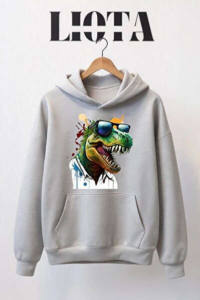 Vordevia سويت شيرت قطني كبير الحجم مطبوع عليه ديناصور مكون من 3 خيوط