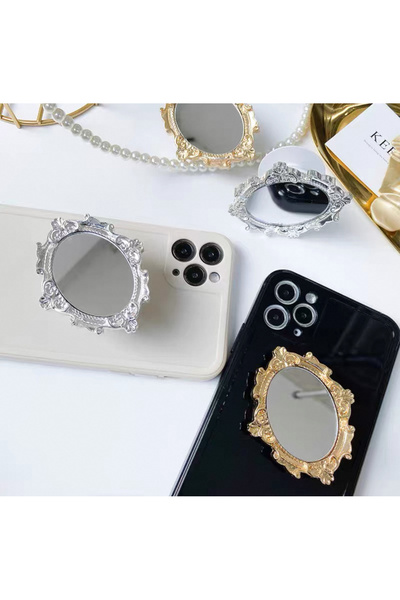 EDELFU Popsocket Retro Aynalı Model Yanları Gümüş - Yapışkanlı Telefon Tablet Tutacağı ve Standı