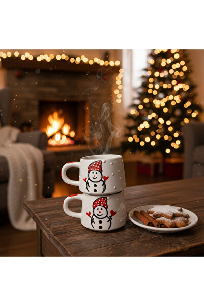 BB TRADE Handmade Set of 2 Snowman Patterned Ceramic Mugs Enjoy Warmth in Winter