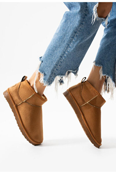 Volenta Mini Taba Renk Süet Yarım Bot İçi Tüylü Düz Taban Kadın Ayakkabı