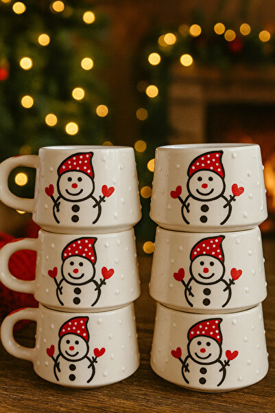 BB TRADE طقم أكواب سيراميك مصنوع يدويًا مكون من 6 قطع بنمط رجل الثلج