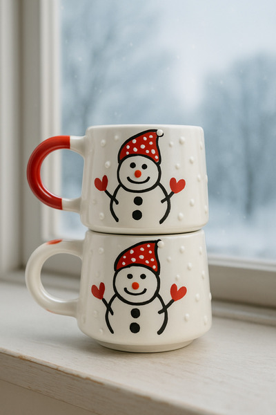 BB TRADE Handmade Set of 2 Snowman Patterned Ceramic Mugs Enjoy Warmth in Winter
