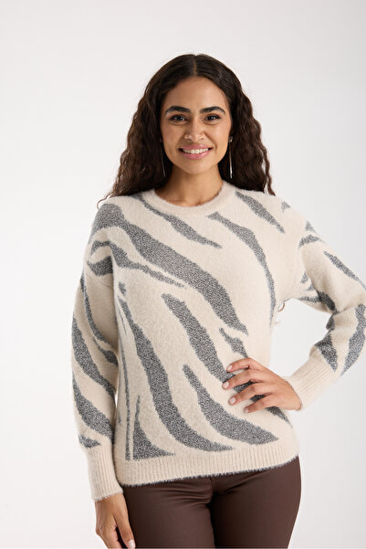Moda Days Pulover tricotat B guler rotund pentru femei, ecru, argintiu, cu mâneci balon, din fire de barbă