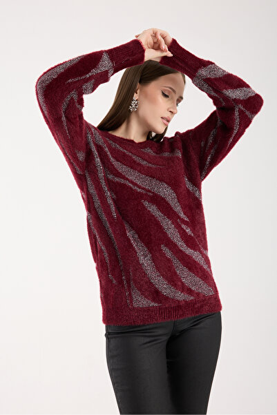 Moda Days Pulover de tricotat B guler rotund pentru femei, burgundy, argintiu, cu mâneci balon, din fire de barbă