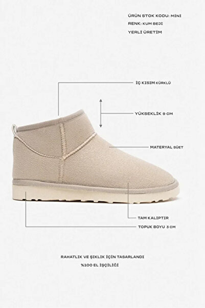 Volenta Mini Taba Renk Süet Yarım Bot İçi Tüylü Düz Taban Kadın Ayakkabı