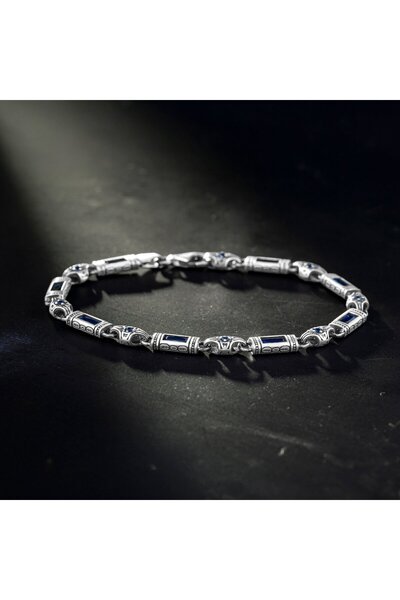 Takılingo 925 Ayar Gümüş Mavi Safir Taşlı El İşlemeli Zincir Model Erkek Bile...