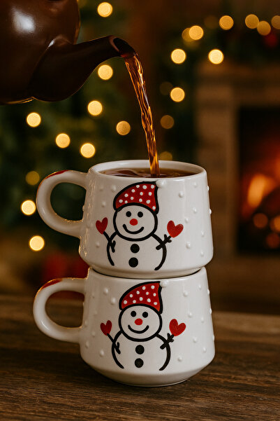 BB TRADE Handmade Set of 2 Snowman Patterned Ceramic Mugs Enjoy Warmth in Winter