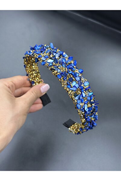 Hayals Coroană de henna de mireasă cu piatră naturală albastru închis și piat...