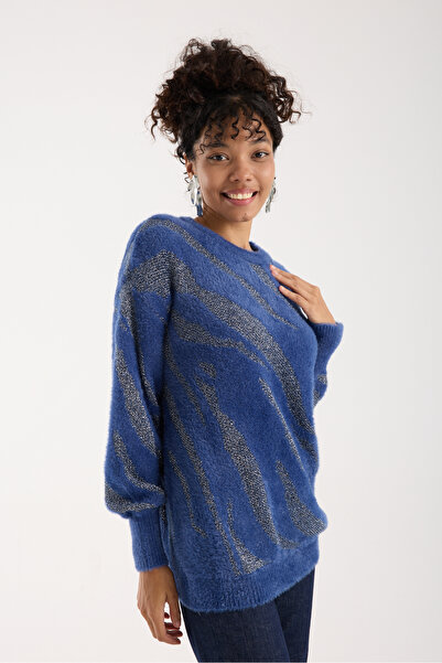 Moda Days Kadın İndigo Simli Sakal İplik Balon Kollu Bisiklet Yaka Triko Kazak