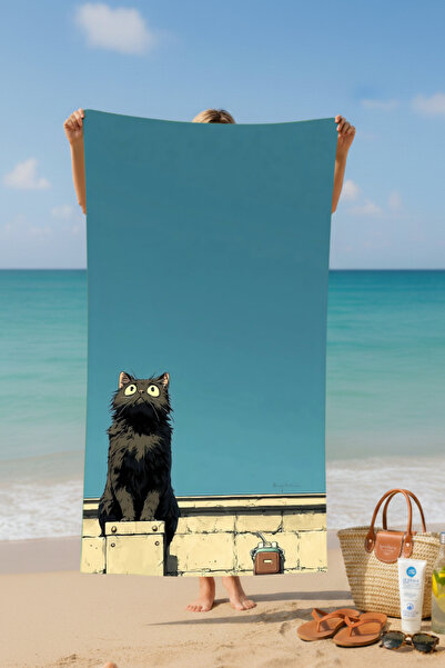 BETHA Sky Looking Cat Patterned Cotton Beach Towel – Patterned Design – 75X150 cm