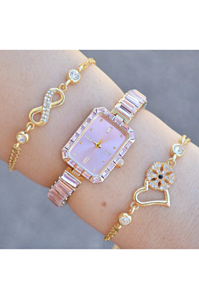 COLESİUM Gold Taşlı Metal Kordon Kadın Saat Kombini 3609