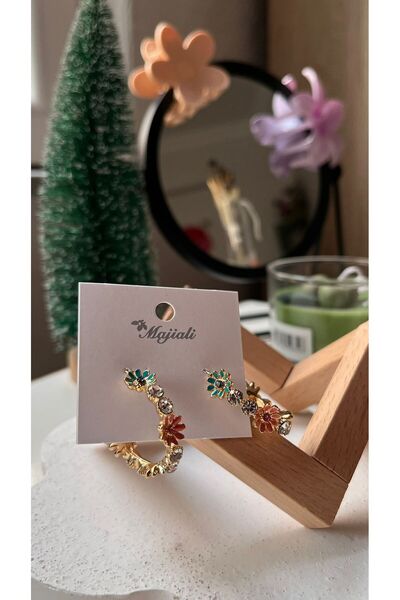 MD AKSESUAR Taşlı Renkli Çiçekli C Model Küpe Xuping