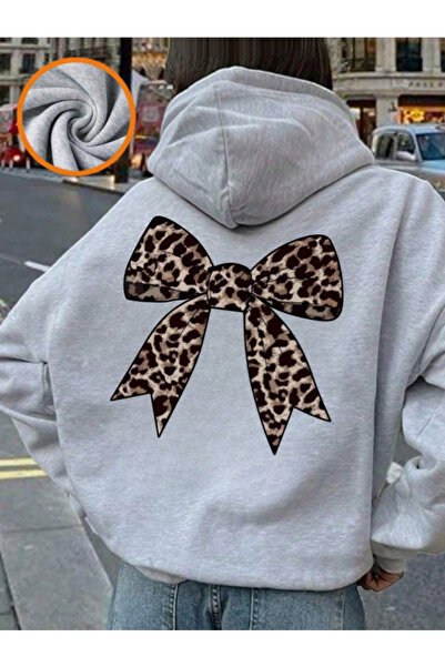 Trend Sizde Unisex Gray Leopard Ribbon Printed Hooded Sweatshirt