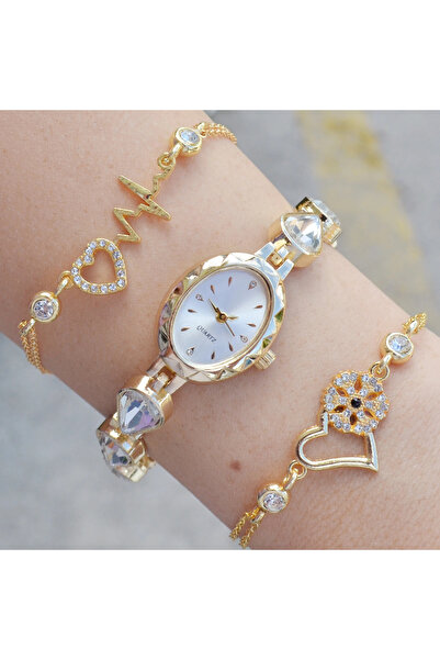 COLESİUM Gold Taşlı Metal Kordon Kadın Saat Kombini 3619