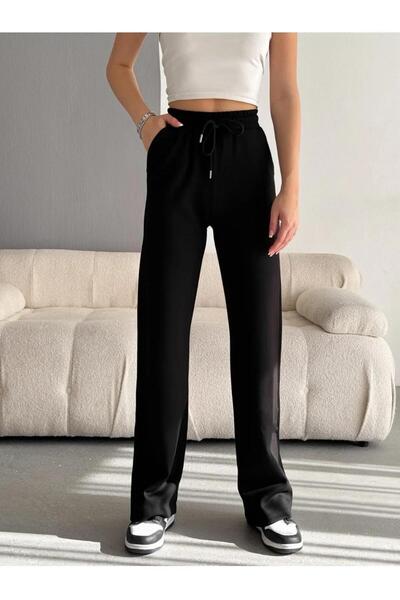 MİRA BUTİK بنطال رياضي نسائي من القماش المشروط باللون الأسود واسع الساق ورباط...