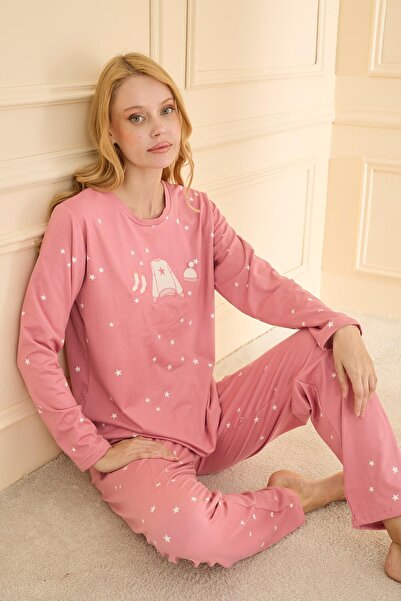 Mihra Kadın Sandy Kumaş Bisiklet Yaka Pudra Renk Esnek Pijama Takımı