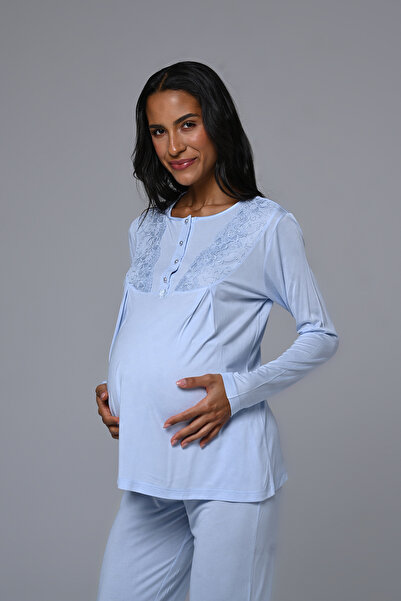 Lohussa Kadın Mavi Desenli Kışlık Dantel Detaylı Özel Tasarım Lohusa Hamile Sabahlık Pijama Takımı Seti