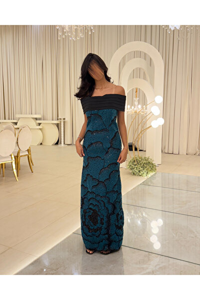 Generic Emerald blue sequin embroidered evening dress with black off-shoulder bodice