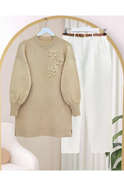 Modamorfo Floral Patterned Stoned Soft Knit Sweater - Light Mink