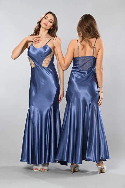 Viselya İnce Askılı Dekolteli Dantelli Saten Uzun Gecelik