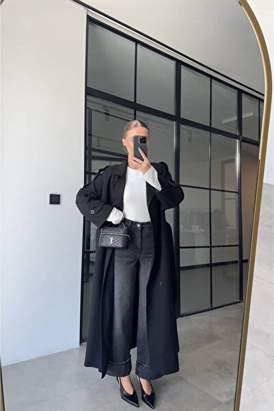Moderk Uzun Rüzgarlıklı Oversize Kuşaklı Apoletli Kadın Trençkot Maxi