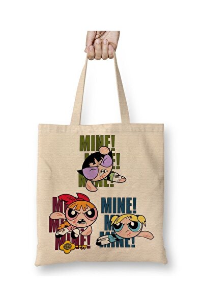 Toyaso Geantă de pânză albă Powerpuff Girls Geantă de cumpărături cu mâner lu...