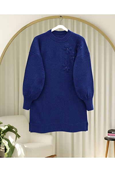 Modamorfo Floral Patterned Stoned Soft Knit Sweater - Navy