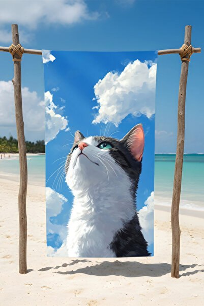 BETHA Cat Watching the Sky Patterned Cotton Beach Towel – Patterned Design – 75X150 cm