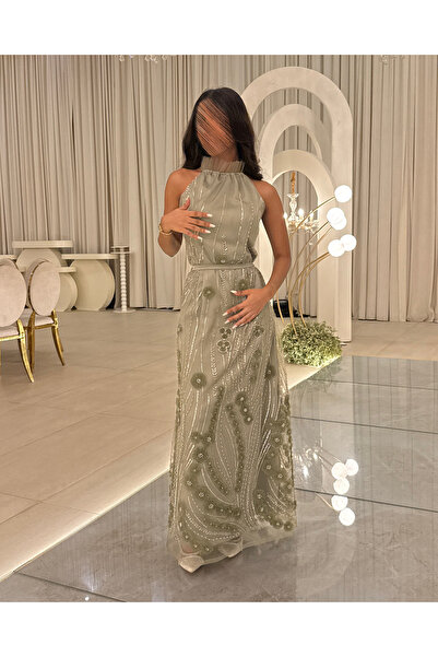 Generic Olive green evening dress embroidered with sequins and roses with an elegant high neck