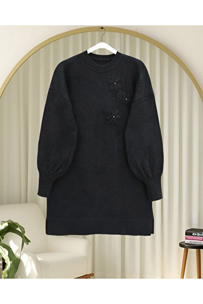 Modamorfo Floral Patterned Stoned Soft Knit Sweater - Black