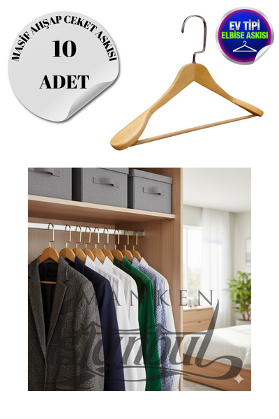 Manken İstanbul 10 bucăți de tip casnic din lemn masiv, 44 cm, cârlig argintiu, umeraș pentru haine, umeraș pentru costum, umeraș pentru îmbrăcăminte