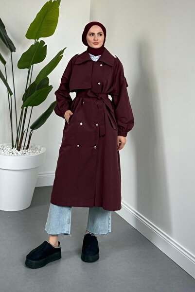 MERVEN AKYÜZ Haggy Çıtçıtlı Trençkot Vişne Çürüğü