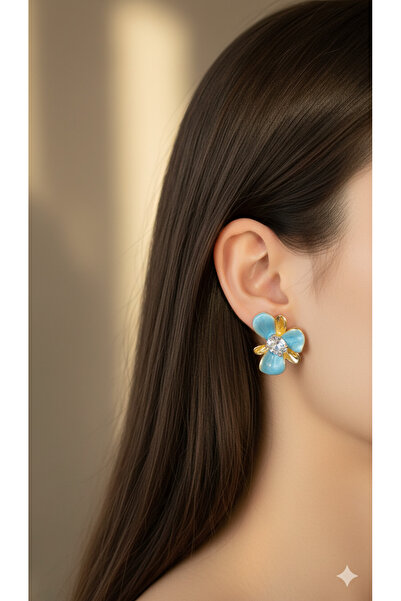 MEEB BİJUTERY Enamel Hoop Earrings with Flower & Daisy Pattern - Blue Zircon ...