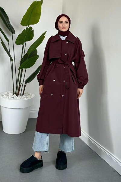 MERVEN AKYÜZ Haggy Çıtçıtlı Trençkot Vişne Çürüğü