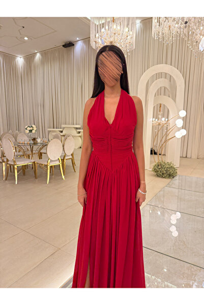 Generic Long red evening dress with a halter neck and elegant flowing cut