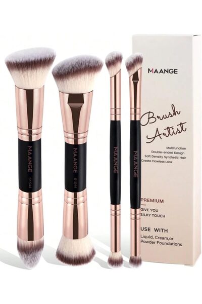 MAANGE مجموعة فرش مكياج مزدوجة الأطراف من 4 قطع - فرش كريم الأساس، والكونتور، وأحمر الخدود، وظلال العيون -