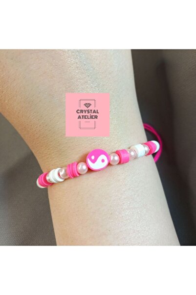 Crystal Atelier سوار مكرامية من خرز اللؤلؤ الوردي يينغ يانغ - سوار يدوي الصنع...