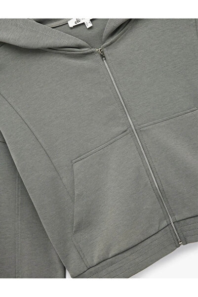 Koton Zippered Hooded Crop Gray Women's Sweatshirt 6Wal10483Ik