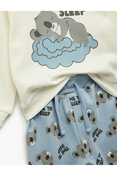 Koton Koala Printed Cotton 2-Piece Pajamas Ecru Baby Boy Bottom-Top Set 6Wmb10055Tk