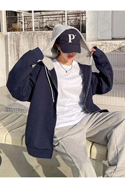coolart Parçalı Hırka - Gri Lacivert Basic Oversize Kapüşonlu Fermuarlı Cep D...